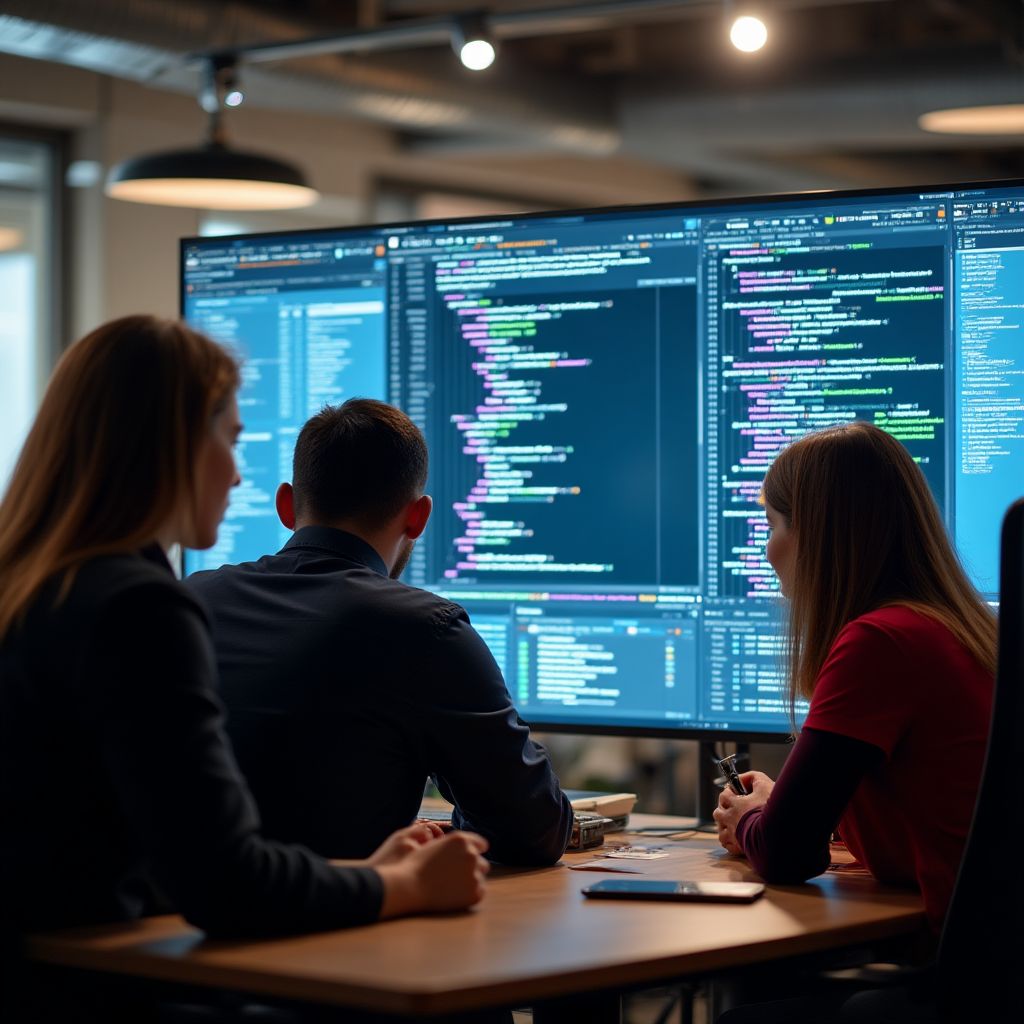 Equipo de una startup tecnológica colaborando en una oficina moderna.